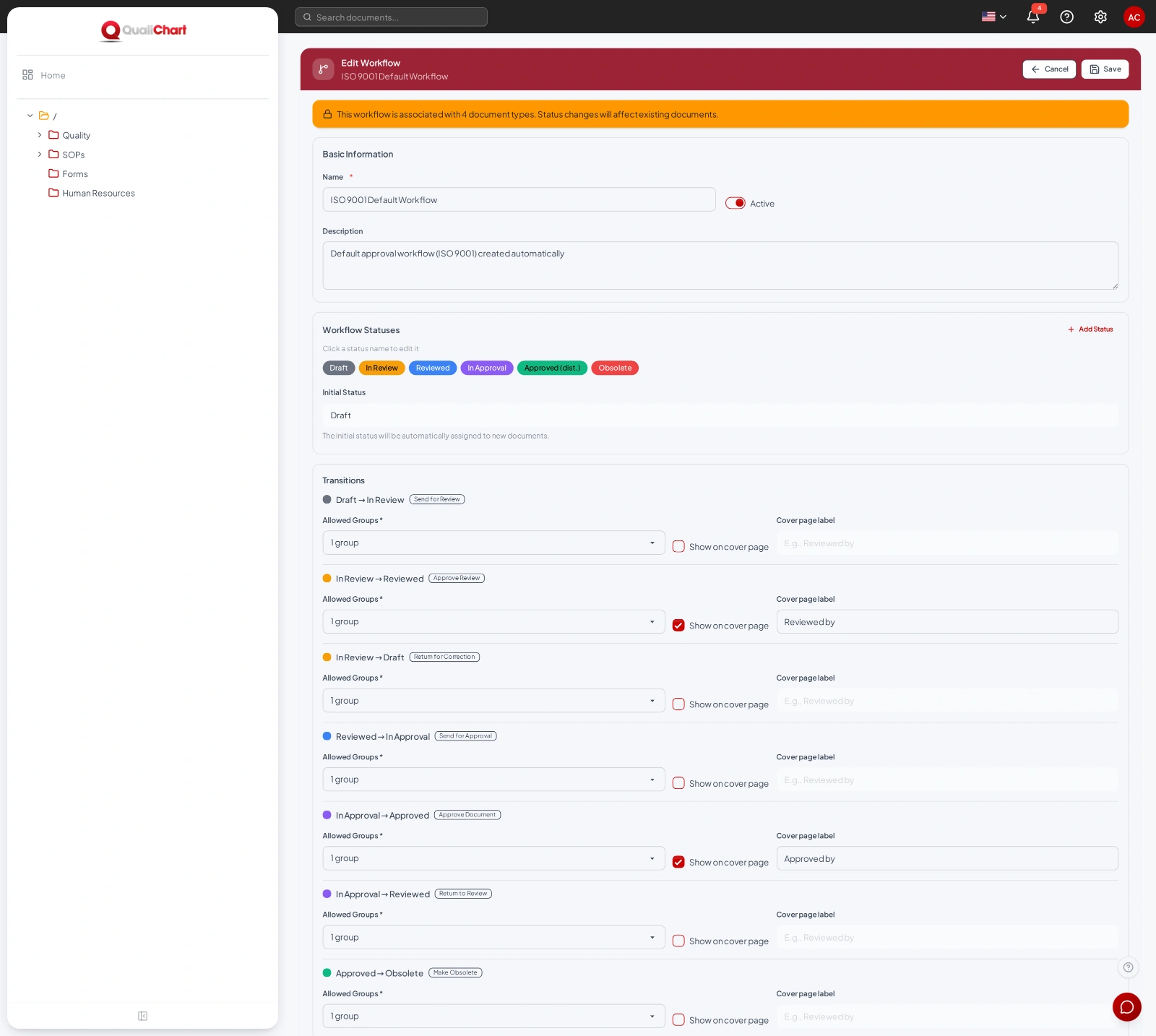 Statuses with colors, distributed status and transitions with groups