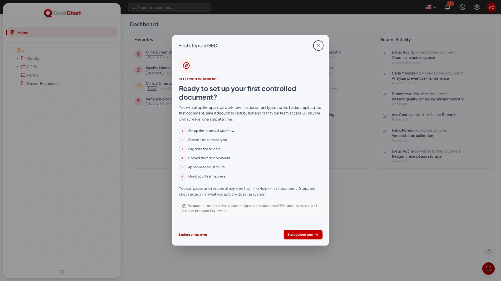 Welcome dialog with the setup track steps