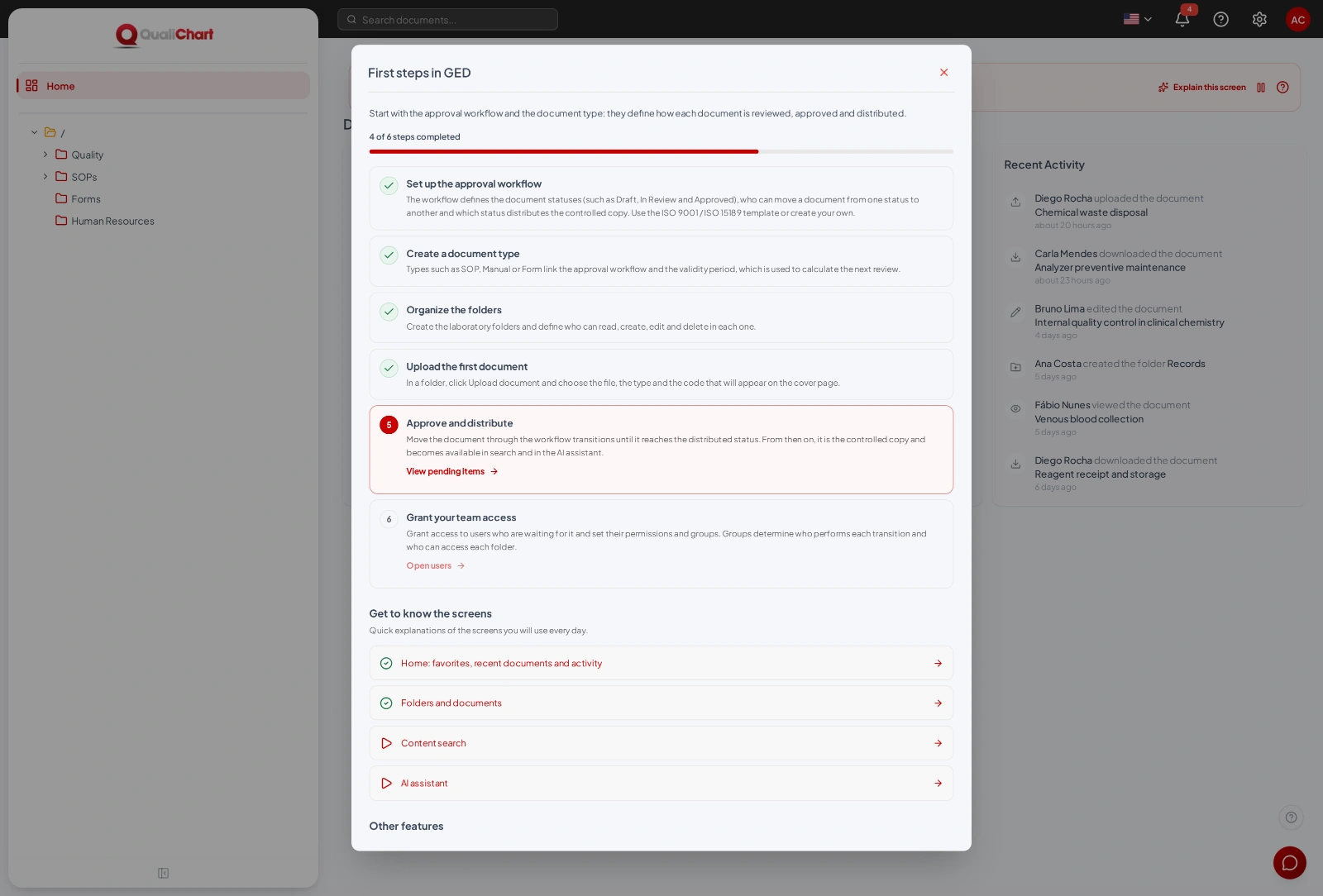Steps, progress and screen explanations