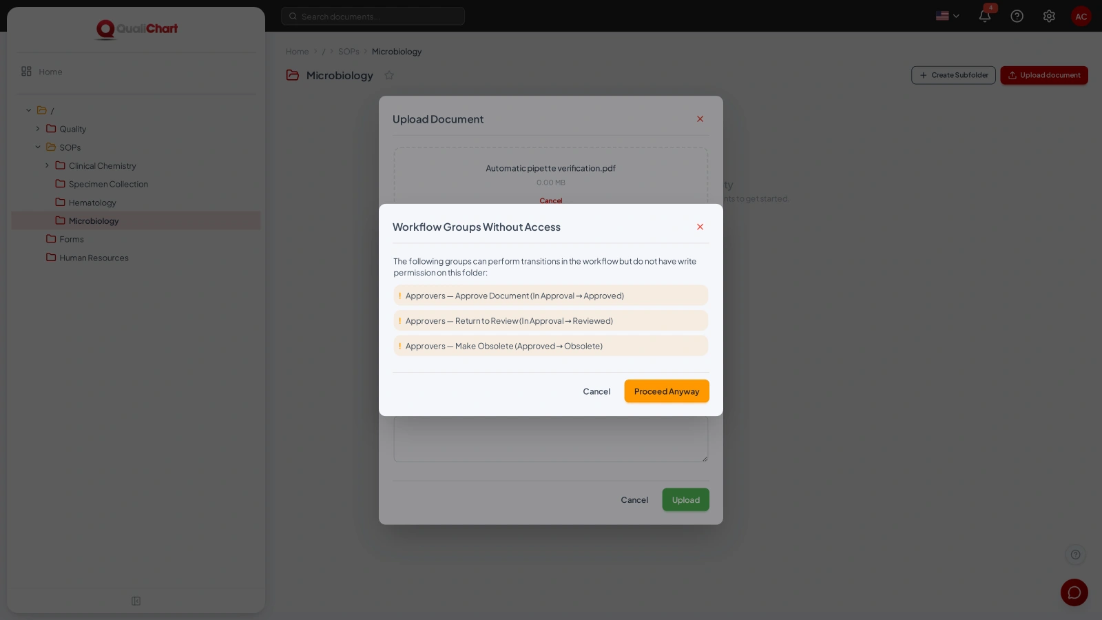Warning for a workflow group without edit rights in the folder
