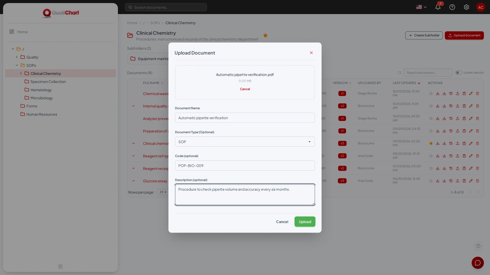 Document upload with type and code
