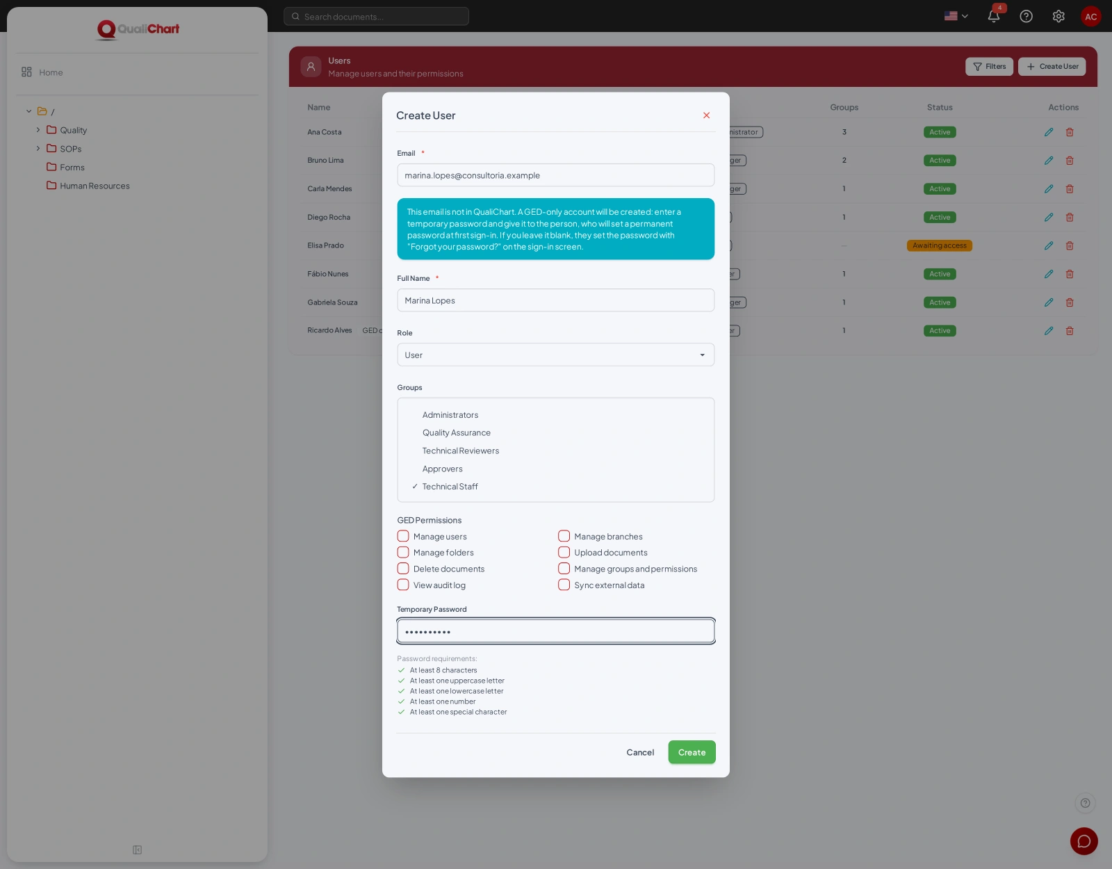 GED-only account with a temporary password and its requirements