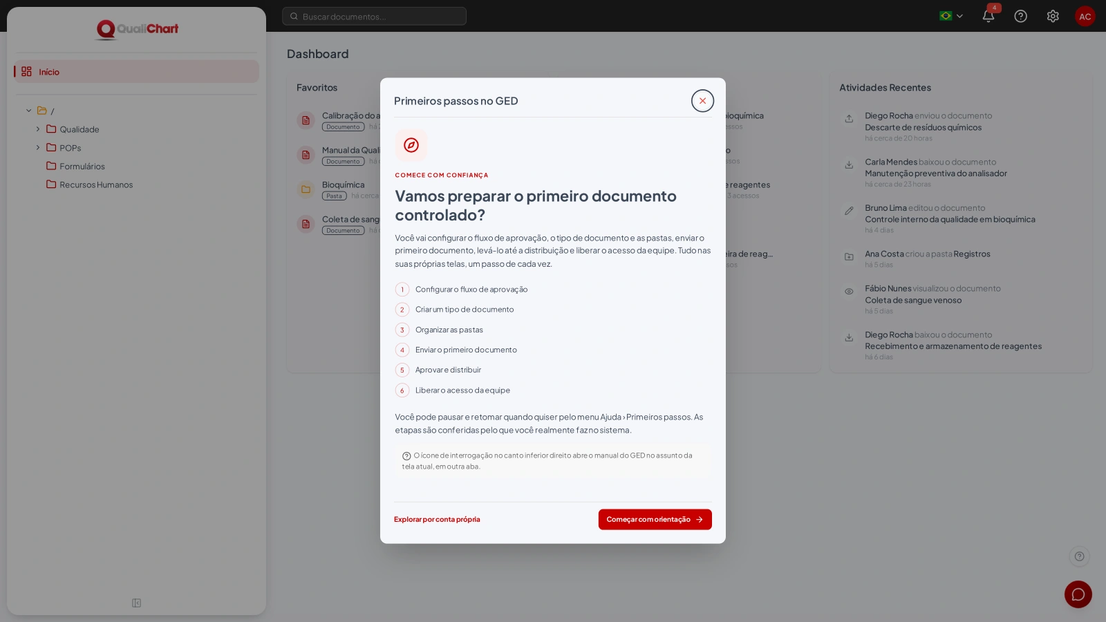 Boas-vindas com as etapas da trilha de configuração