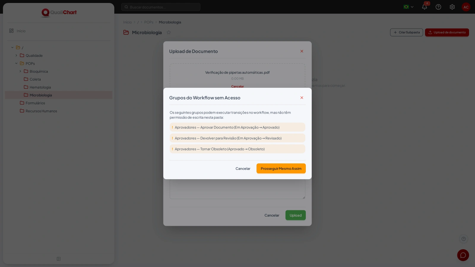 Aviso de grupo do fluxo sem direito de edição na pasta